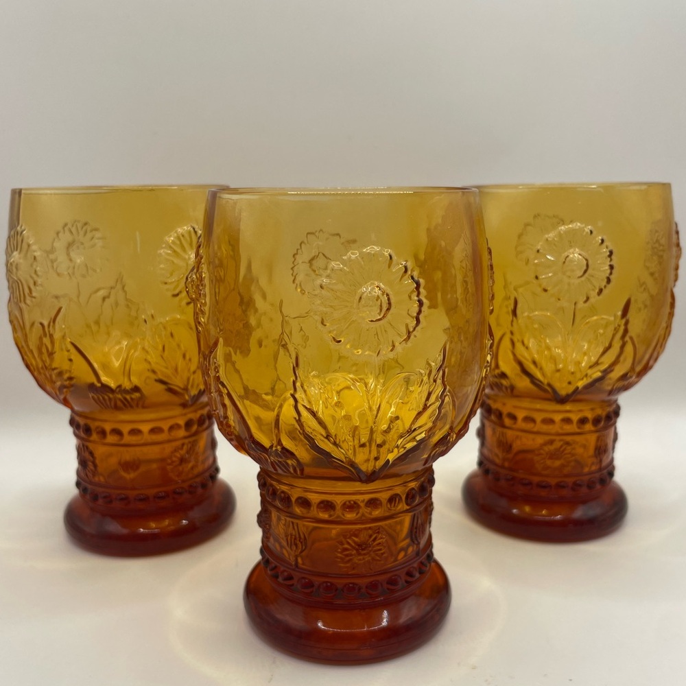 Retired Vintage Style Anthropologie Helianthus Amber Boho Glass Goblet Set of 3